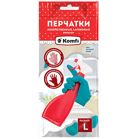 Перчатки хозяйственные латексные Биколор, L, бежевый/бирюзовый 2 шт/уп., Komfi /144/