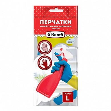 Перчатки хозяйственные латексные Биколор, M, сине-желтые, 2 шт/уп., Komfi /144/